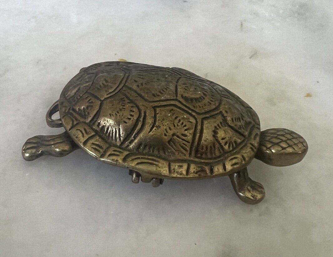 Vintage Antique Brass Turtle Trinket Box w/Hinged Lid ENGLAND