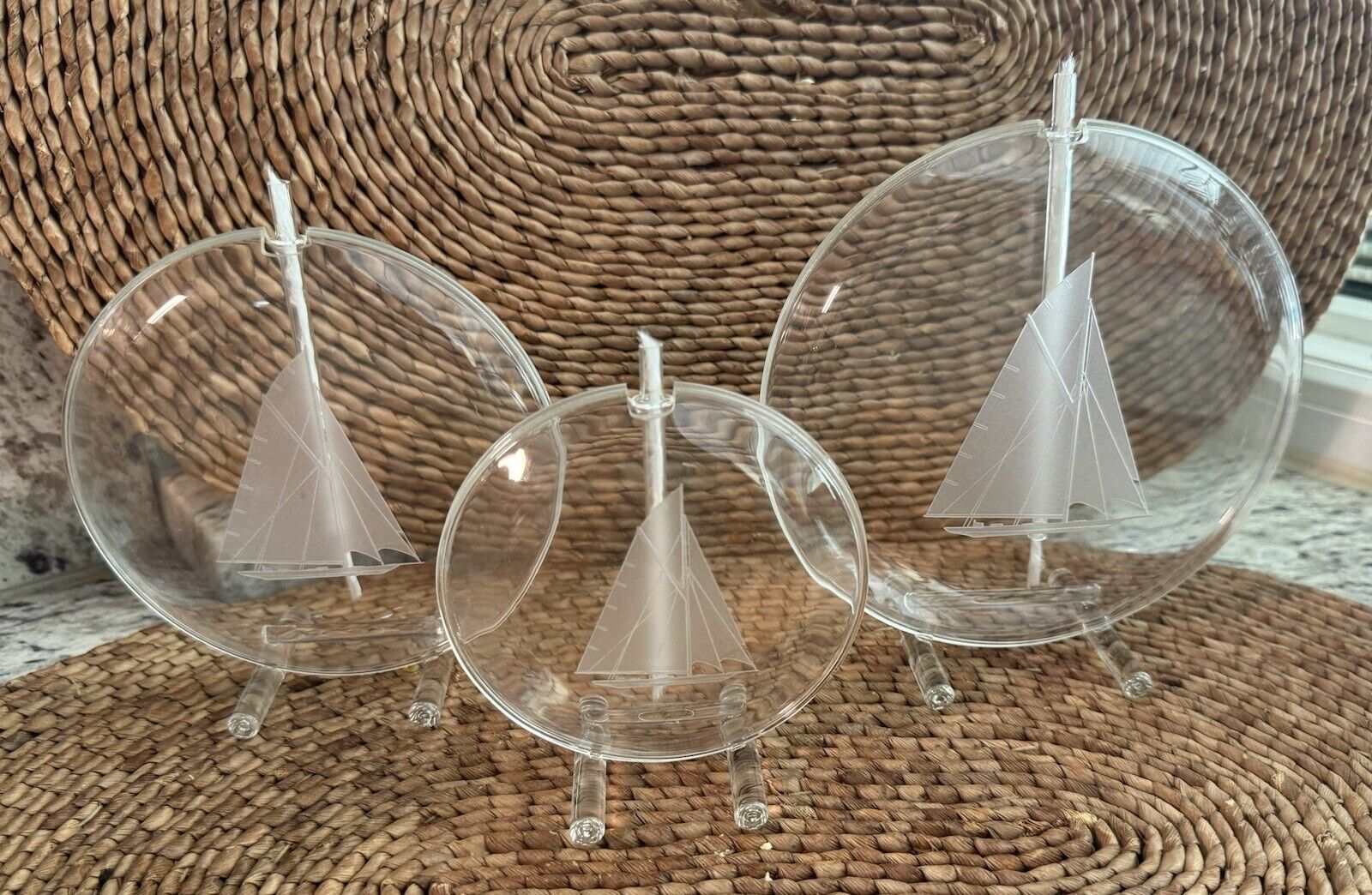 3 ENGRAVED SCHOONER GLASS DIMENSIONS 6 5 4 INCH ILLUSION LAMPS ESSEX MA USA