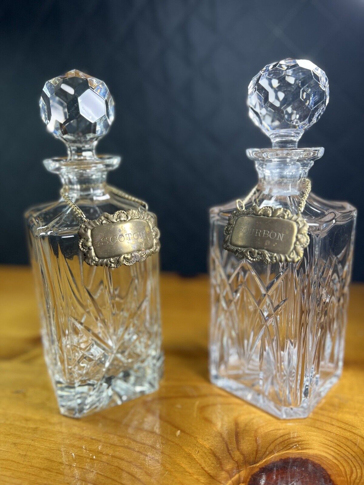 ANTIQUE CRYSTAL DECANTERS SILVER BOURBON AND SCOTCH TAG BAR MID CENTURY BARWARE