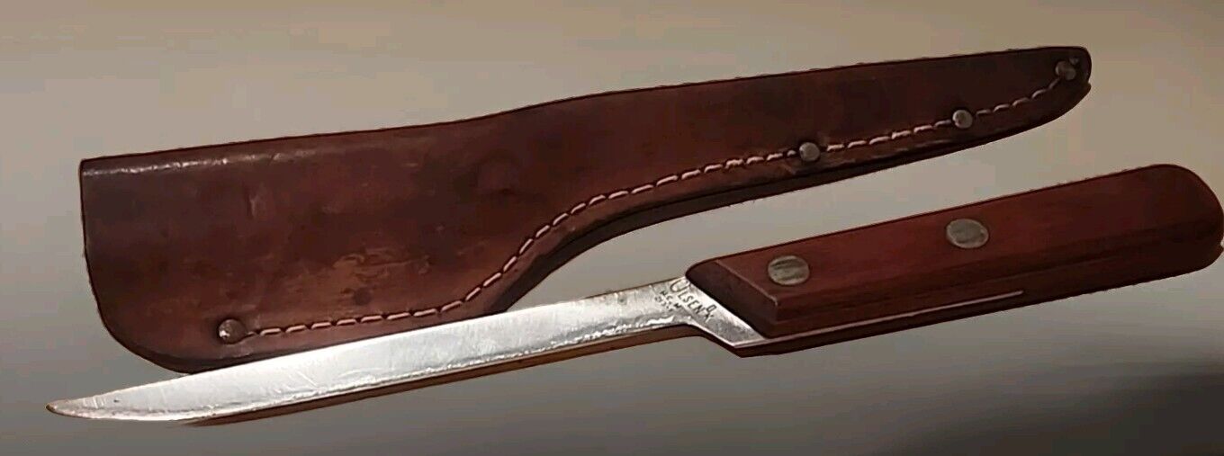 VINTAGE 1960'S - 70'S OLSEN O.K. BRAND MUCC FILLET KNIFE W/ LEATHER SHEATH RARE