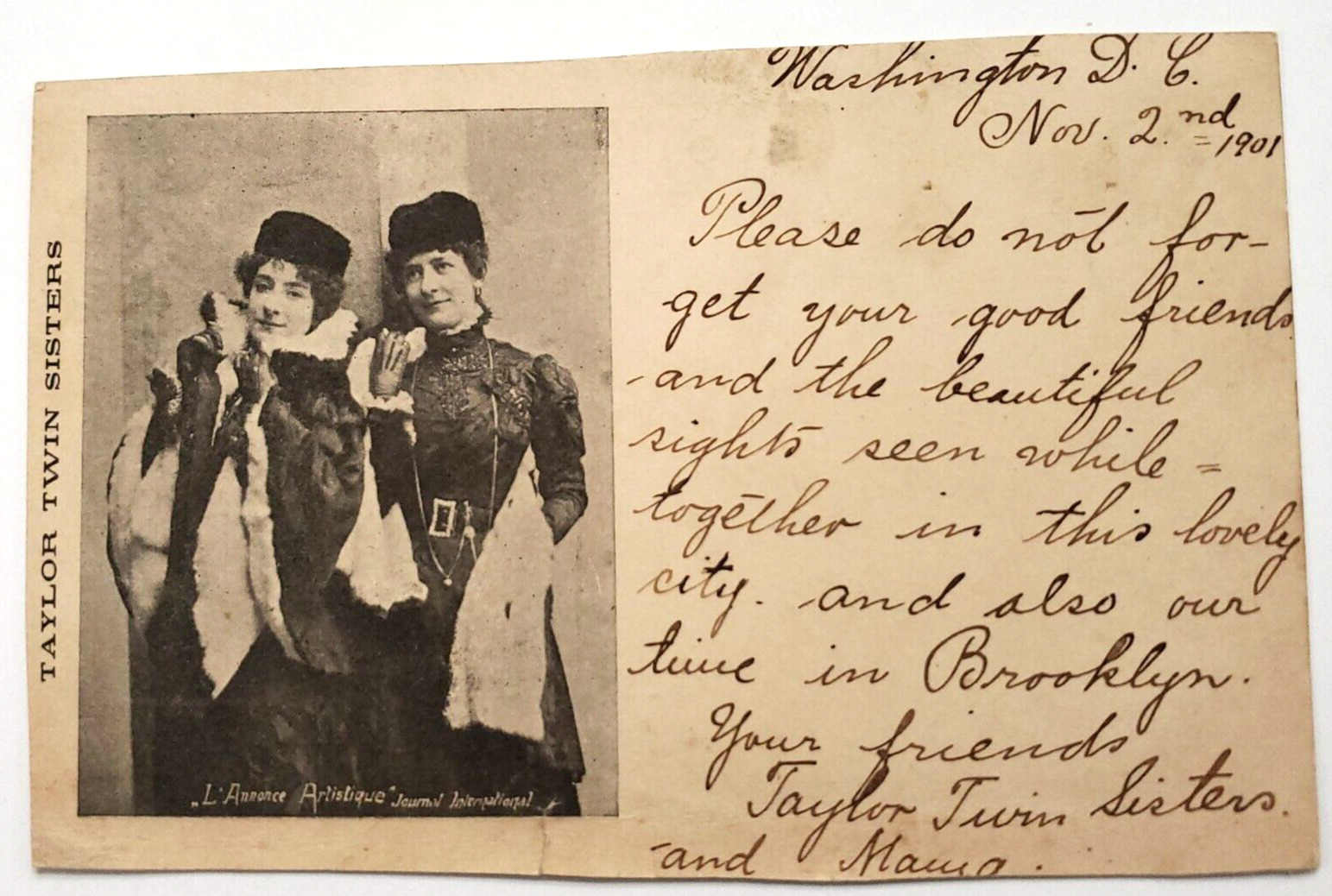Antique 1901 VTG Photo Postcard From Washington DC Taylor Twin Sisters to IL 48