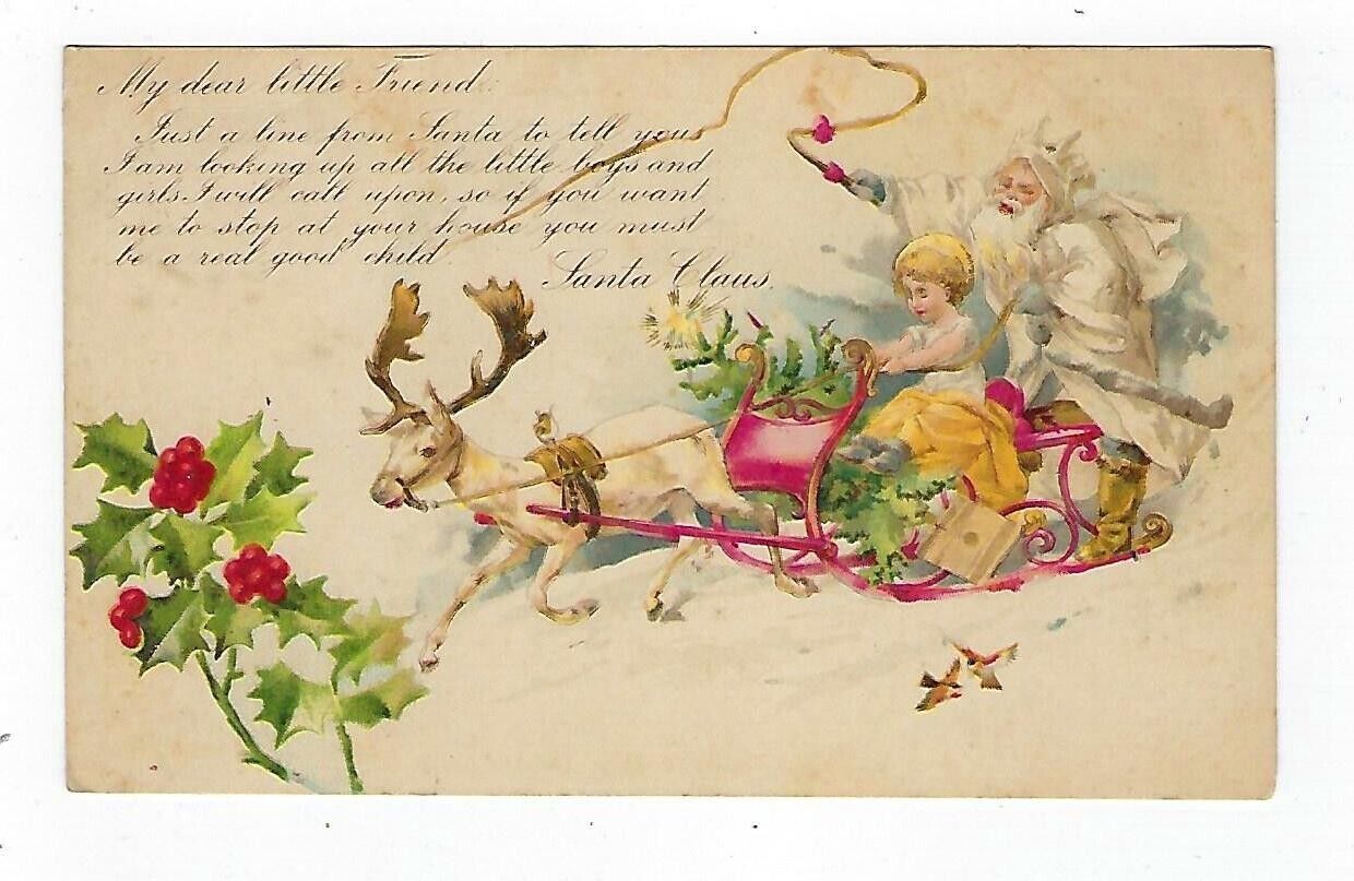 Early 1900's Christmas Postcard Santa White Robe And White Deer On Sleigh