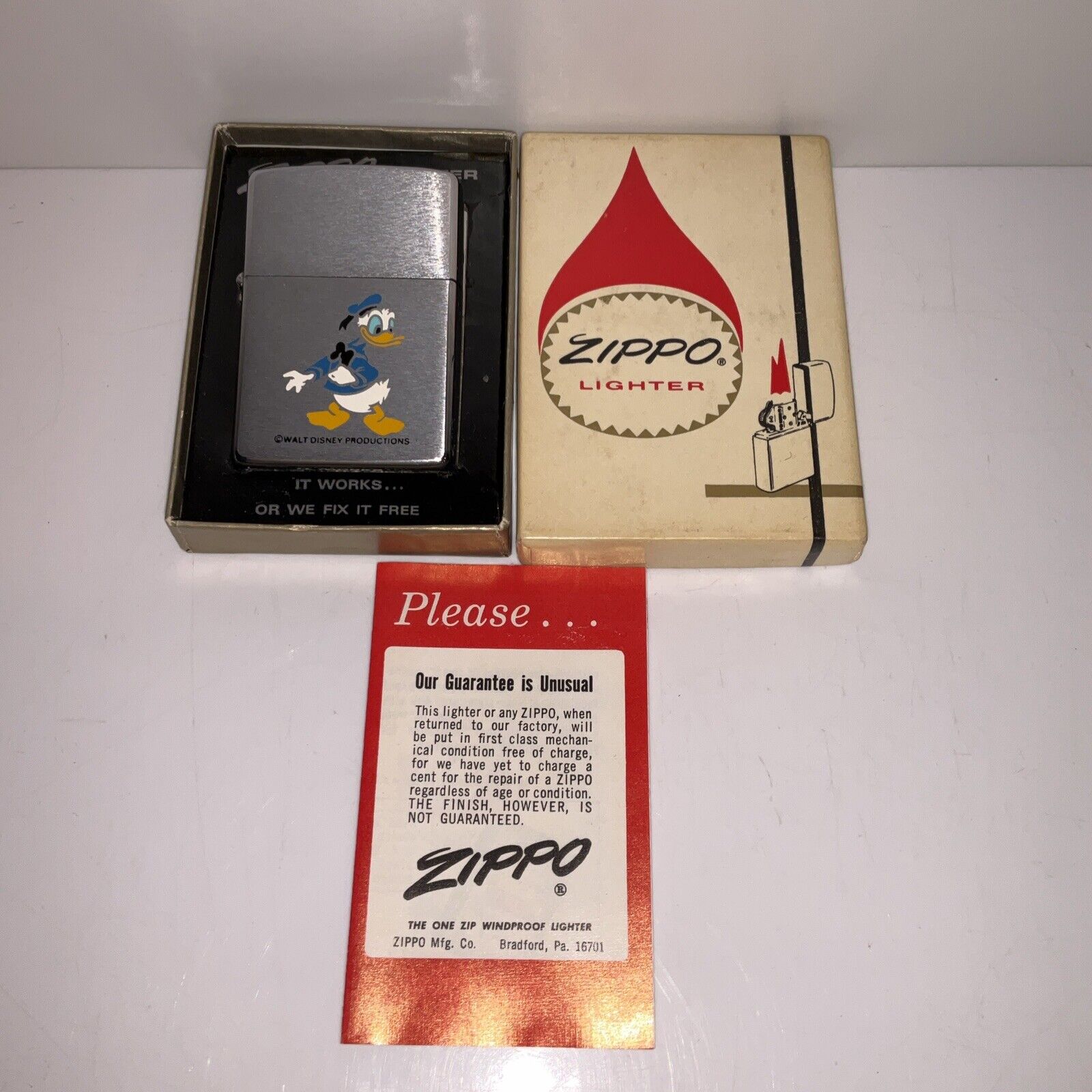 Vintage Zippo 1972 Donald Duck, Walt Disney Productions Lighter with Box Insruc