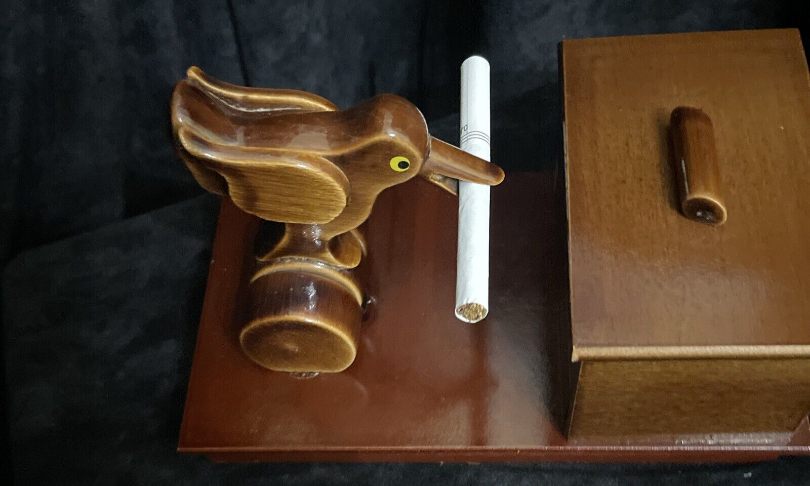 Rare Vintage Cigarette Dispenser Mechanical Wooden Box Bird Bobbing Working Duck