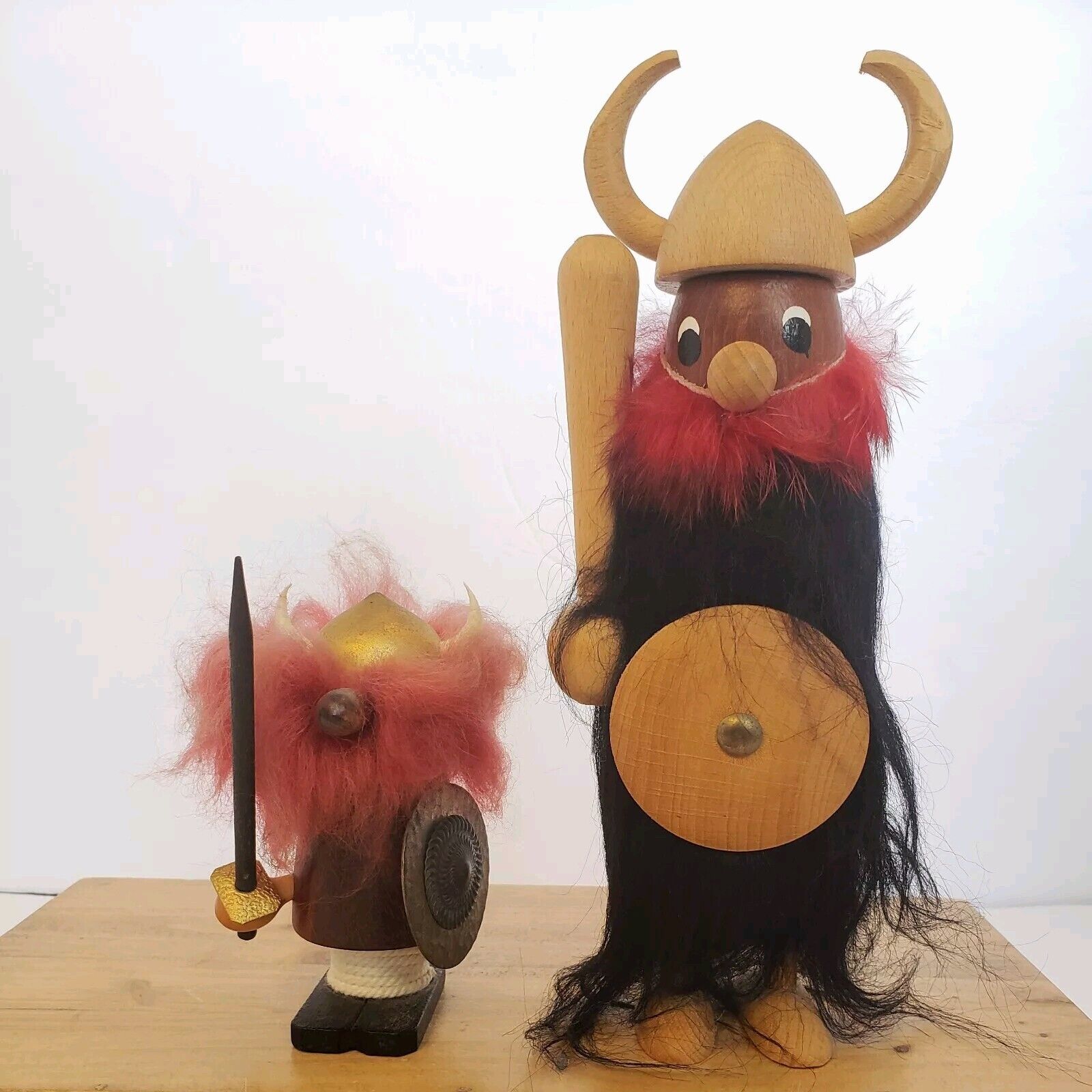 2 Mid Century Modern Danish Wood Viking Figure Gonks Wood Faux Fur Vintage