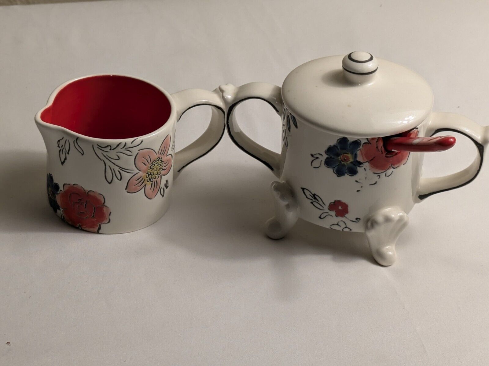 Anthropologie Molly Hatch  Creamer & Sugar Dishes With Spoon Embossed Flowers