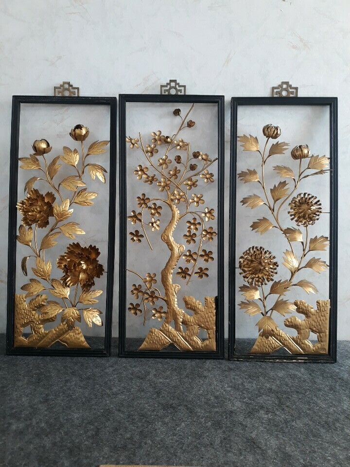 MCM 3D Floral Brass Colored Tin metal Wall Panels Set Of Three Wood Framed