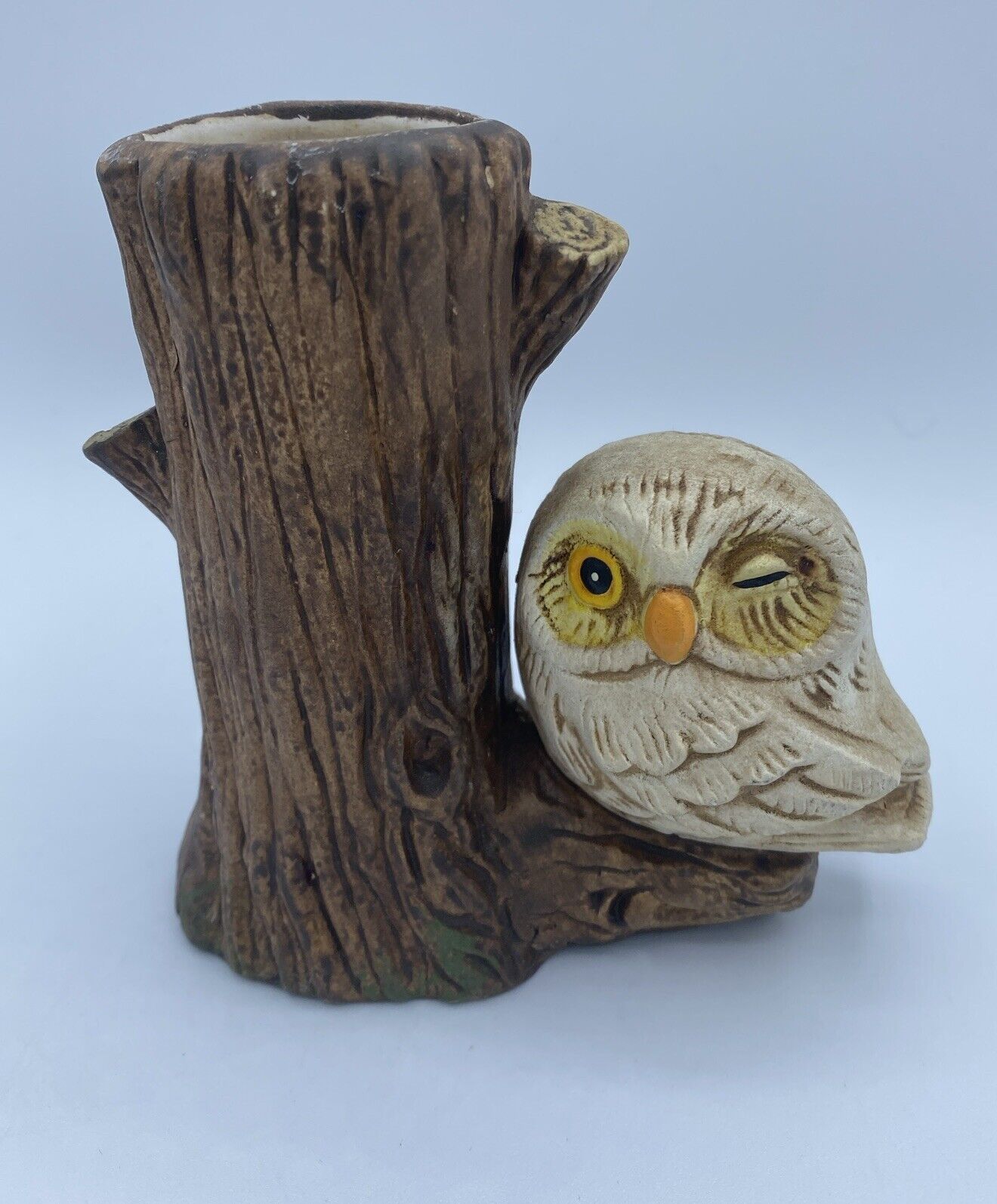 Vintage Enesco 1979 Retro Winking Owl Tree Bud Vase Figurine