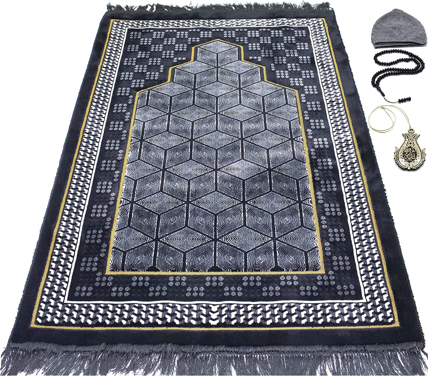 Turkish Islamic Velvet Prayer Rug - Thick Wide Soft Praying Carpet for Men & Wom
