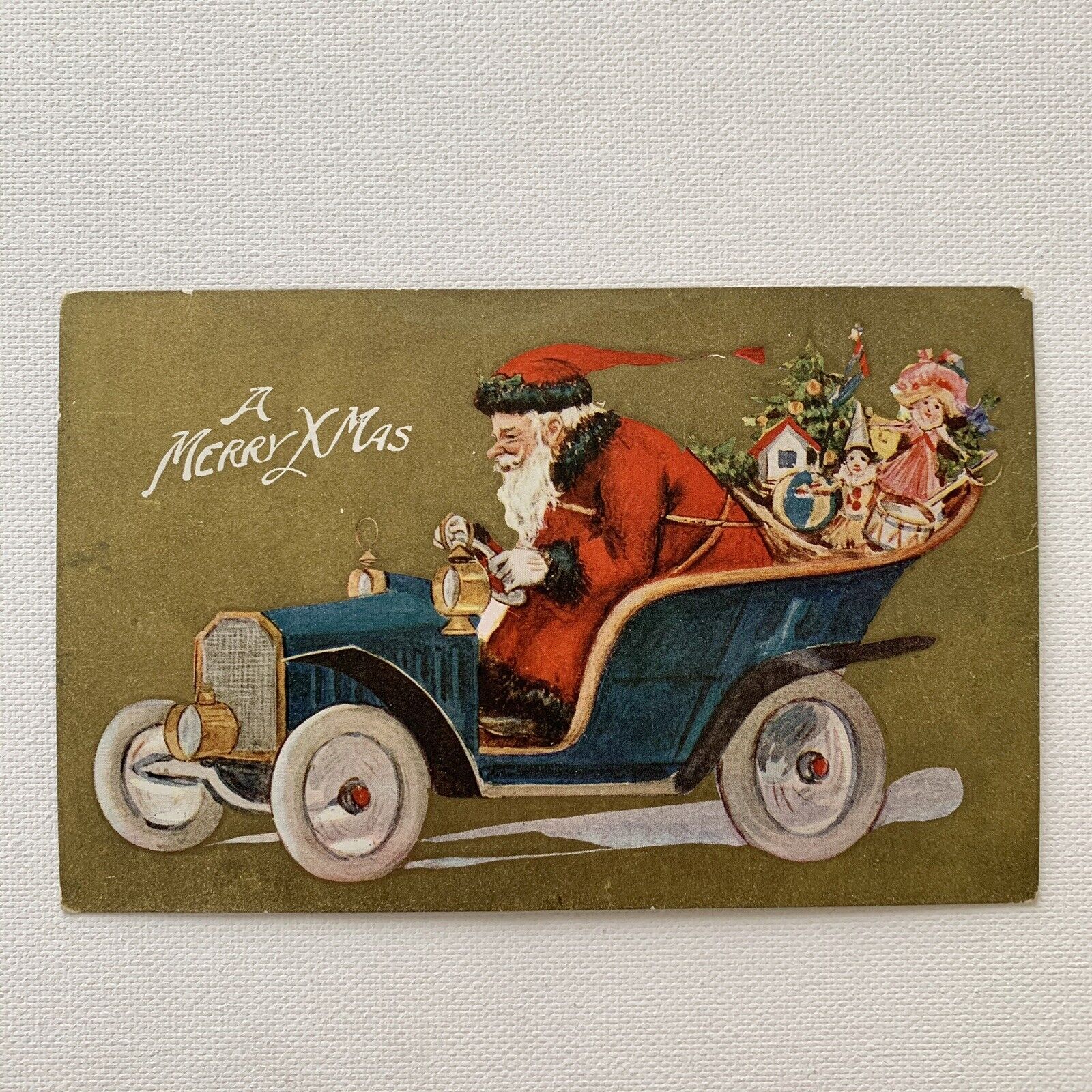 Antique Christmas Postcard Gold Santa Claus Driving Racing Car Toys No 74