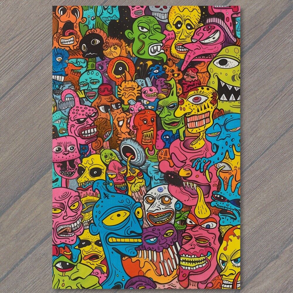 POSTCARD Monsters Colorful Trippy Psychedelic Surrealism Doodle Art Graffiti Fun