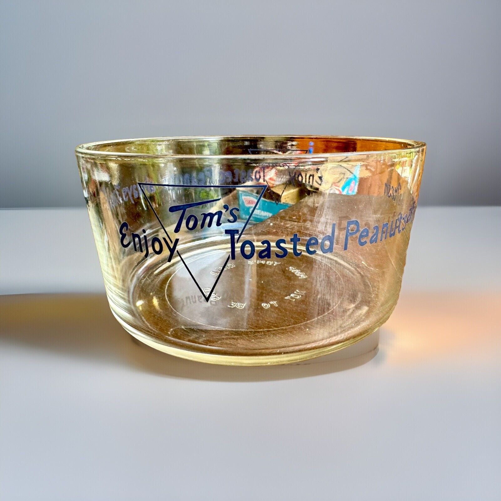 Rare VTG 1950'S TOM'S PEANUT GLASS HALF JAR, STORE DISPLAY COUNTER DISH BOWL