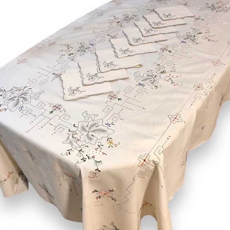 Antique Madeira Tablecloth Linen Hand Embroidered 12 Napkins Cutwork Flowers