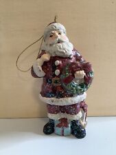 Vintage Christmas Glittering Santa Claus Holding Holiday Wreath Handmade picture