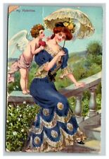 Vintage 1907 Valentine Postcard Cupid on Beautiful Woman's Shoulder Lacquer Face picture