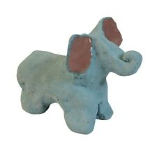 Primitive Clay Pottery Elephant Hand Mold Figurine Blue Signed 6th Grade Vintage picture