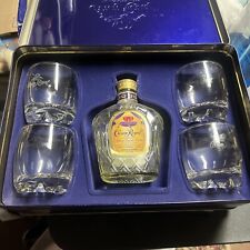 Vintage Crown Royal Hinged Purple & Gold Tin Gift Box - 4 Glasses & Empty Bottle picture