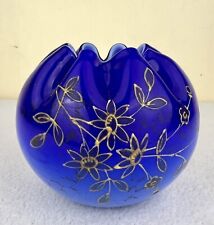Victorian Cobalt Blue With Gold Hand Blown Painted Rose Bowl Vase 4 1/2