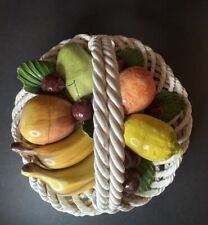 Vintage Italian Woven Ceramic Fruit Basket Realistic Fruits Large Handled Italy picture