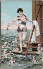 c1910s Bathing Suit Girl Postcard Changing Cabin / Babies in Water / Germany picture