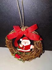 Vintage 1980s Small Santa Claus Natural Christmas Wreath with Bow and Holly Tree picture