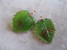 Pr Ethereal Vintage Art Glass Beads Pendants Green Topaz Leaves 40x32mm picture