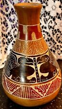 Rustic Primitive Pottery Tribal Clay Hand carved Painted Birds jug vase gift picture