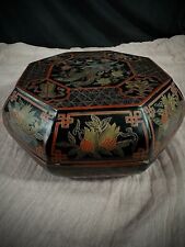 Antique 10” DC Traditional Chinese Black Lacquered Floral Motif Phoenix Storage picture