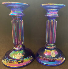 Fenton Cobalt Blue Carnival Glass-Iridescent Candlesticks With Original Label picture