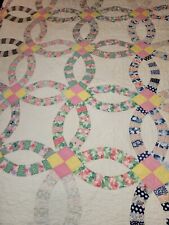 VTG Handquilted Quilt Double Wedding Ring Feedsack Fabric Patchwork 83