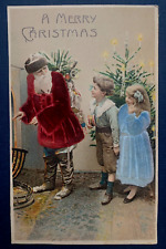 Red Felt Santa Claus w. Children~Tree~Antique Novelty Christmas Postcard-k-299 picture