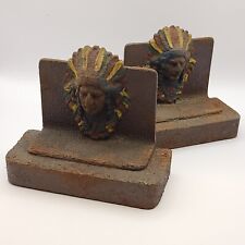 Vtg Cast Iron Native American Cheif Book Ends Head Dress Detailed Colorful 10lbs picture
