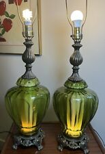 Pair Of MCM Large Hollywood Regency Table Lamps Green Brass Optic Diffuser 3-Way picture
