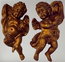 Vintage Shabby Chic Homco Gold Angel Cherub Wall Hanging Set Plaques 3D picture
