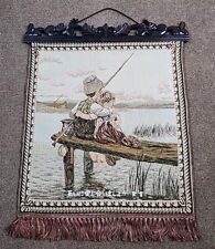 Traditional Japanese Woven Silk Tapestry Sweathearts Fishing Wall Decor Japan picture