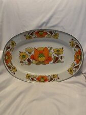 Vintage 1970's Sanko Ware Serving Tray Country Flowers Porcelain Enameled Steel picture