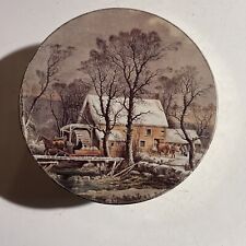 Vintage Currier & Ives Round Biscuit Tin Water Mill Winter  picture