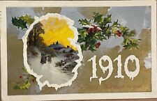 New Year Cottage Scene Antique Embossed Postcard 1910 picture
