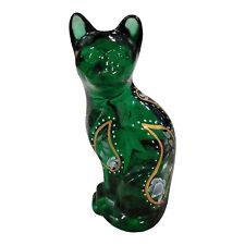 Fenton Green Glass Hand Painted Floral Cat Figurine Signed picture