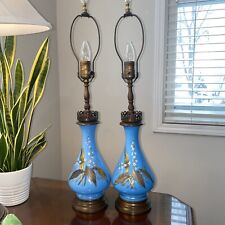 Pair of French Victorian Blue Opaline Table Lamps Hand Painted Floral picture
