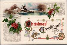 Vintage CHRISTMAS GREETINGS Embossed Postcard Winter Windmill Scene 1910 Cancel picture