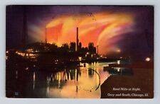 Chicago IL-Illinois, Steel Mills at Night Gary and South Side, Vintage Postcard picture