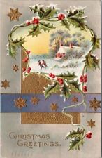 Vintage CHRISTMAS GREETINGS Embossed Postcard Winter House Scene - 1910 Cancel picture