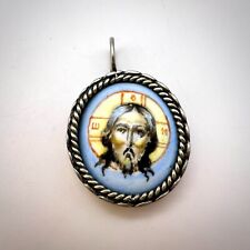 VINTAGE SILVER 925 CHRISTIAN Jewelry Pendant Icon Enamel Porcelain Jesus Christ picture