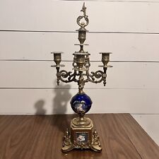 Candelabra Italian Brass Cobalt Blue Ornate Imperial Candle Stick Holder 1920s picture