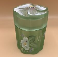 Fenton Green Satin Glass Boudoir Vanity Jar with Lid Hand Painted Artist Signed picture