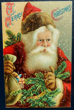 Long Beard Santa Claus with Pine Branches~Sack~Antique Christmas Postcard-k301 picture