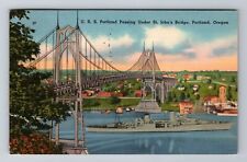 Portland OR-Oregon, USS Portland, St John's Bridge, Vintage c1957 Postcard picture