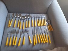 VINTAGE YELLOW HANDLE 40 PIECE TAIWAN SILVERWARE STAINLESS STEEL FLATWARE SET picture