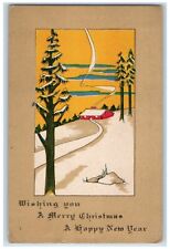 c1910's Christmas And New Year Pine Tree House Winter Arts Crafts Postcard picture